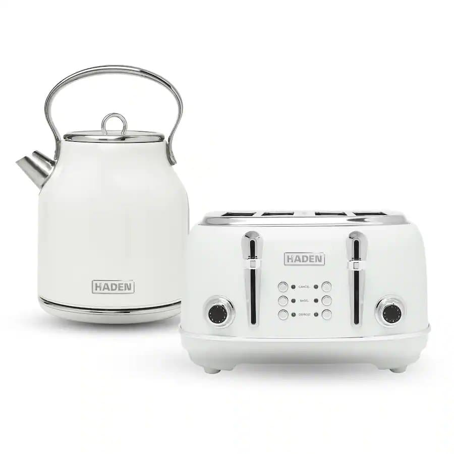 Haden Heritage 1.7 Liter Electric Tea Kettle & 4 Slice Wide Slot Toaster, White