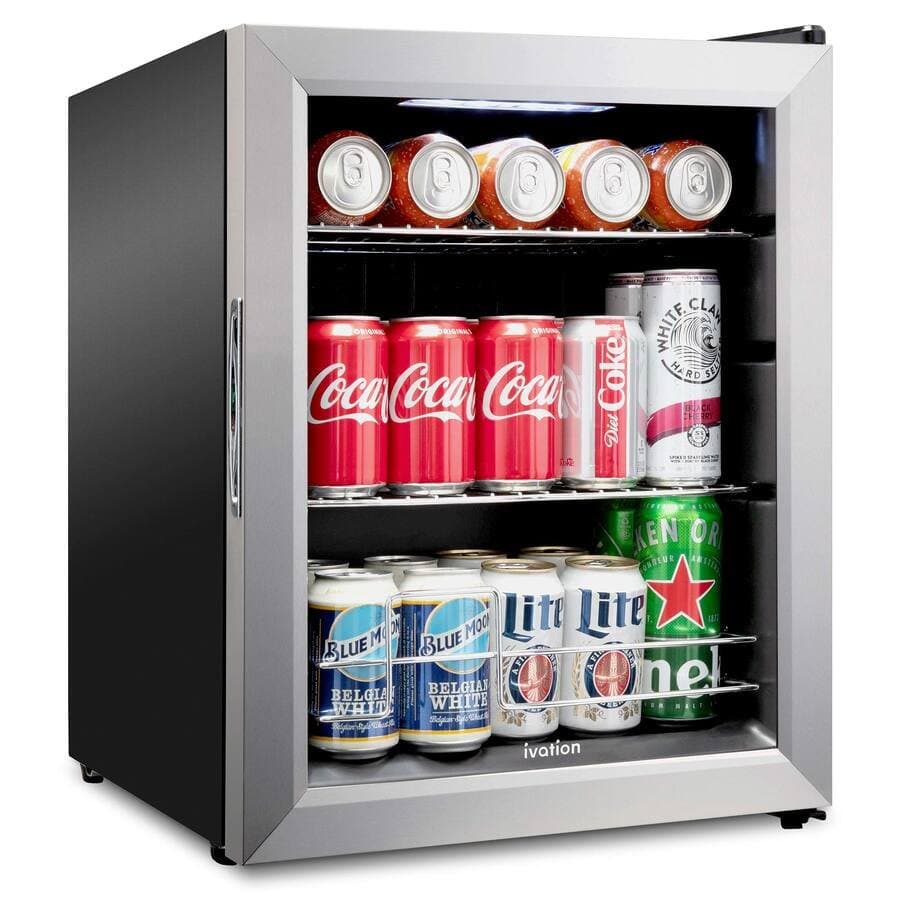 62 Can Beverage Refrigerator, Freestanding Mini Fridge with Glass Door-Stainless Steel