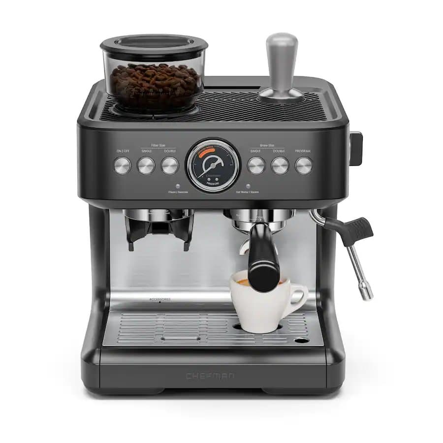 Crema Deluxe Double Boiler Espresso Machine, Conical Burr Grinder and Steam Wand