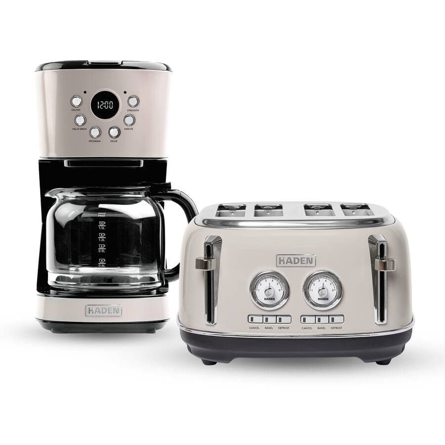Haden Dorset 12 Cup Coffee Maker & 4 Slice Wide Slot Toaster, Putty & Chrome