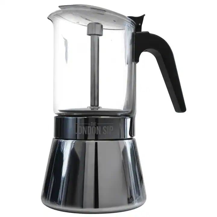 London Sip, Stainless Steel Espresso Maker 9-cup, Glass