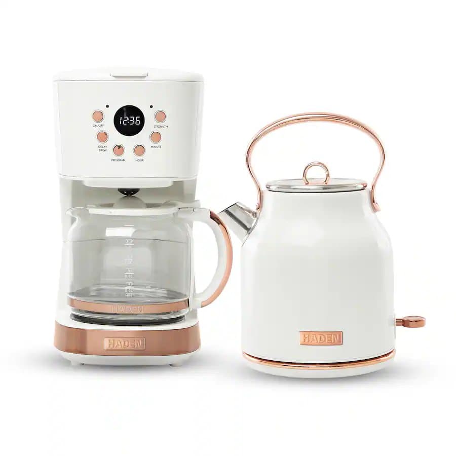 Haden 12 Cup Coffee Maker & Heritage 1.7 Liter Electric Kettle, Ivory & Copper
