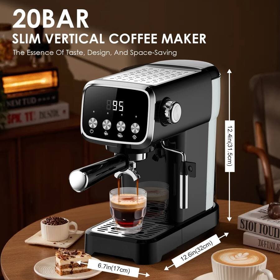 20 Bar Slim Vertical Espresso Machine with Milk Frother-Built-in Cup Warmer, 43OZ Tank, Compact Design