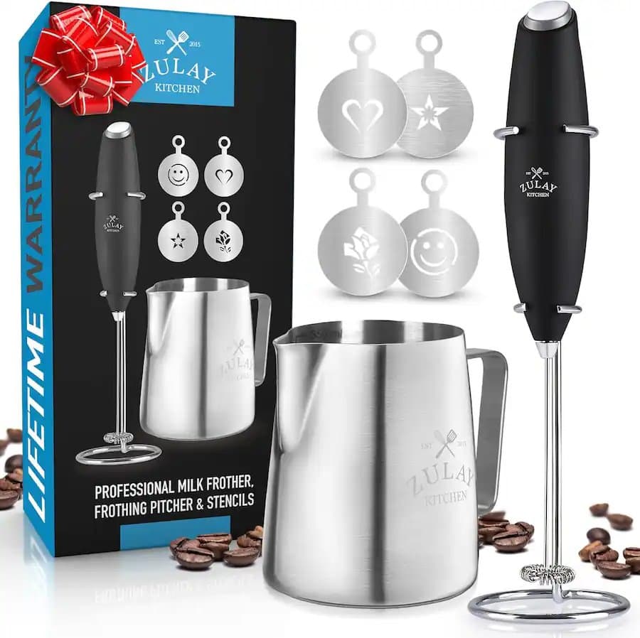 Zulay Kitchen Premium Gift Milk Frother Complete Set-Handheld Foam Maker, Stencils & Frother Set
