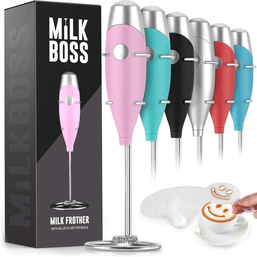 Zulay Kitchen Mighty Milk Frother Handheld Whisk Mixer with 16-Piece Stencils by Milk Boss